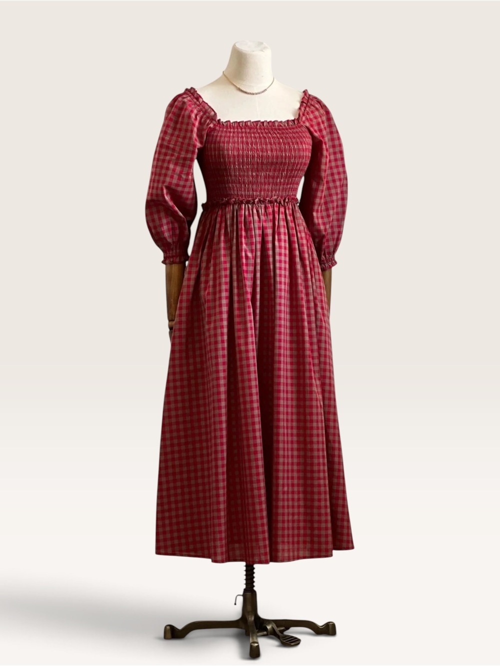 Red Gingham Smocked Midi Dress with Puff Sleeves